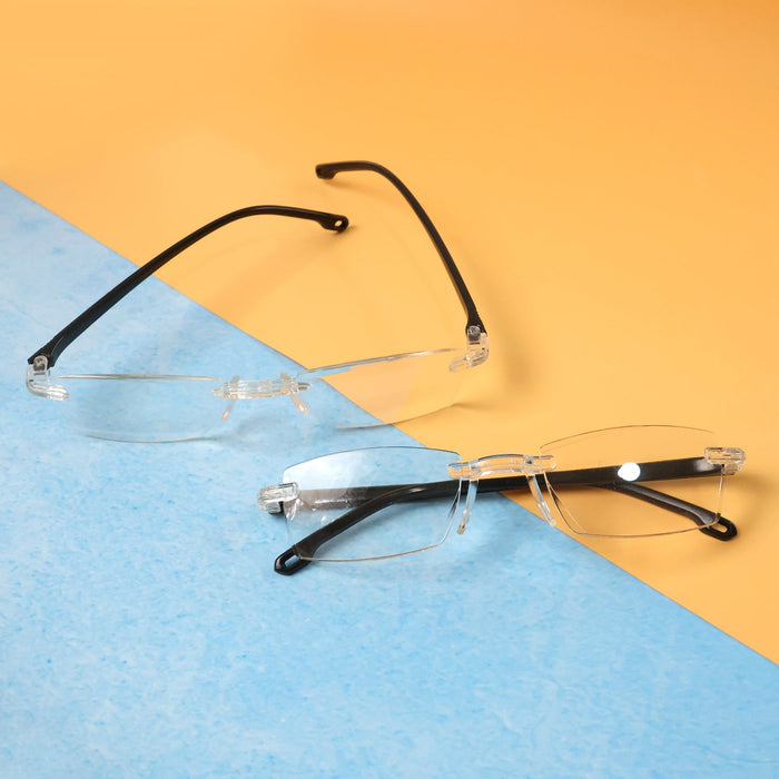 Close-up image of rimless reading glasses showcasing lightweight design and clear lenses