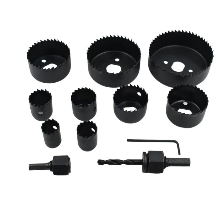 Complete 12-piece hole saw kit with various carbon steel bits for wood drilling.