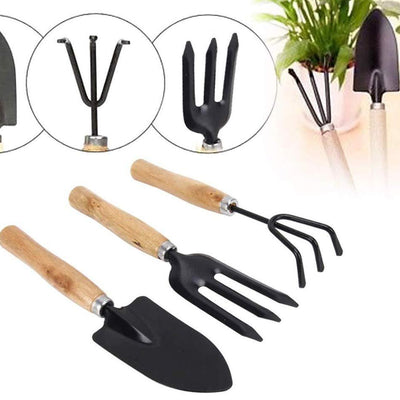 A complete 3-piece gardening tools set featuring a hand cultivator, small trowel, and garden fork.