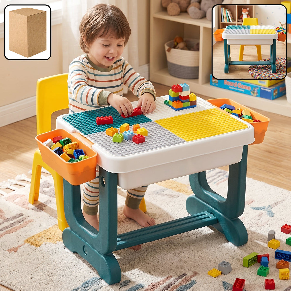 Kids Building Block Activity Table and Chair Set with Storage Bins, ST ...